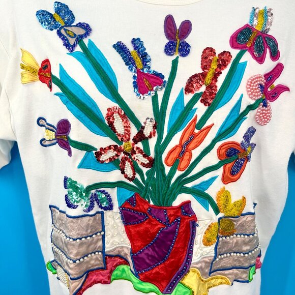 VINTAGE CARDUCCI EMBROIDERED BEADED SEQUIN FLORAL T-SHIRT TOP - M - Picture 2 of 11